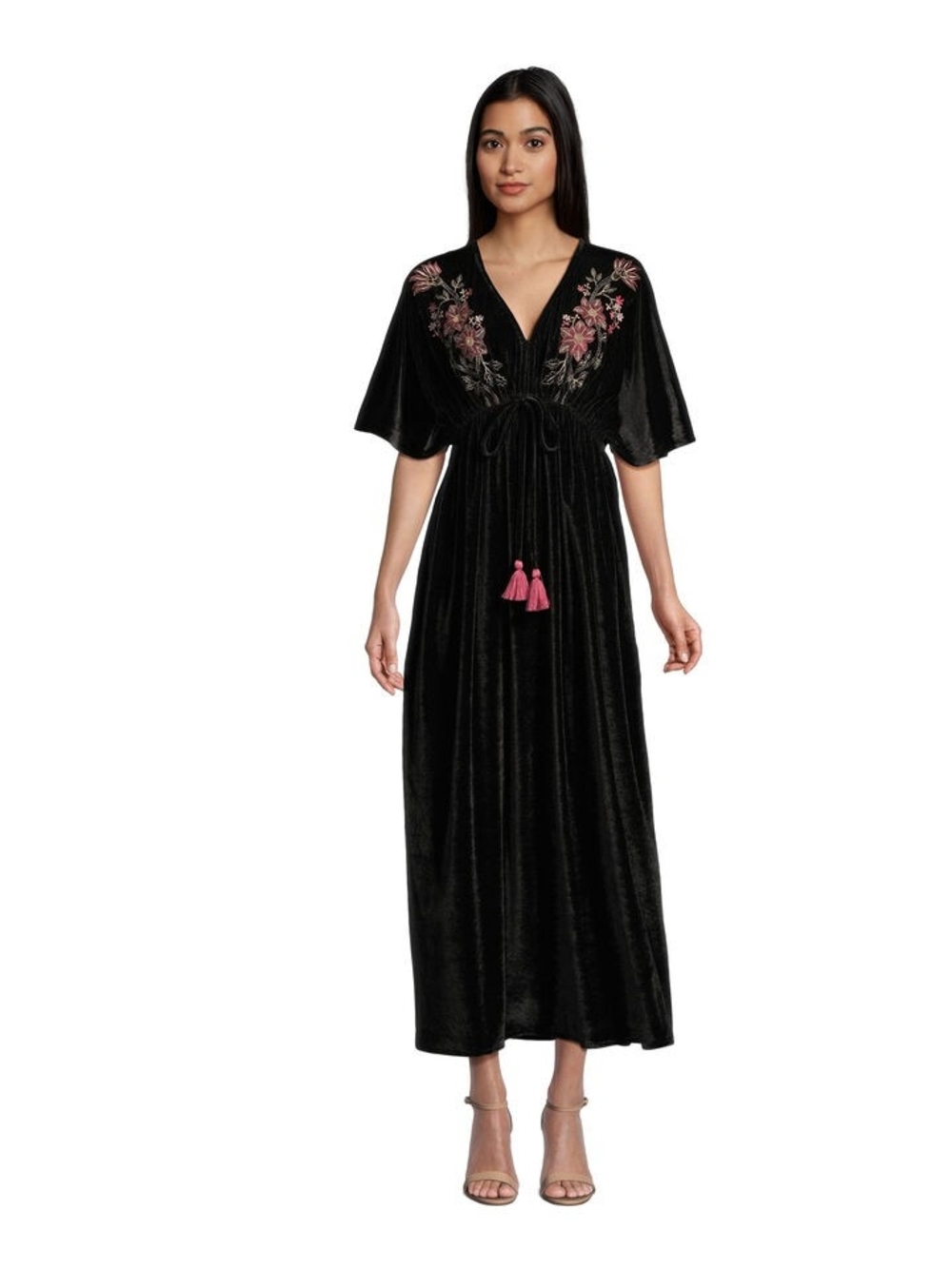 World Market Black Velvet Embroidered V-Neck Maxi Dress with Tassel Tie